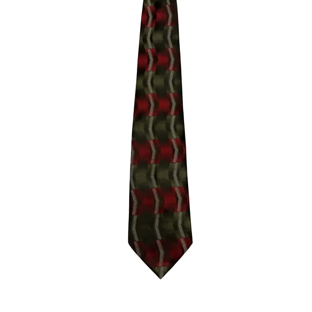 Carlos Devenezia Mens Necktie 59”L 4”W Handmade Geometric Red Olive Green Tie